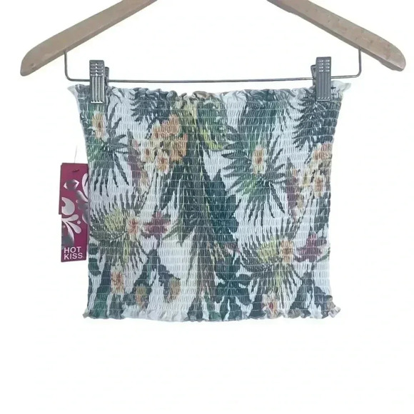 NWT Hot Kiss Green White Tropical Smocked Tube Top Summer Beach Vacation Size M - Picture 2 of 4